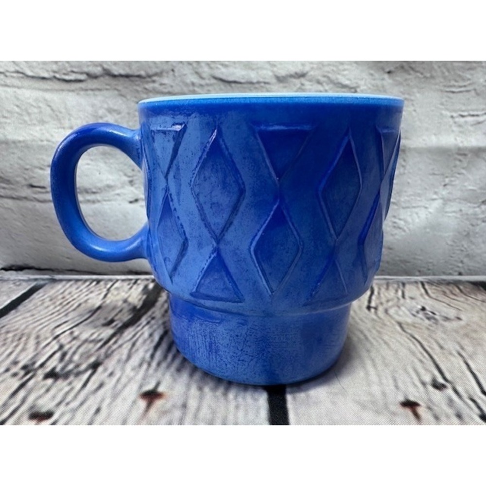 Vintage‎ Hazelware Blue Fired Diamond Milk Glass Mid Century Coffee Mug